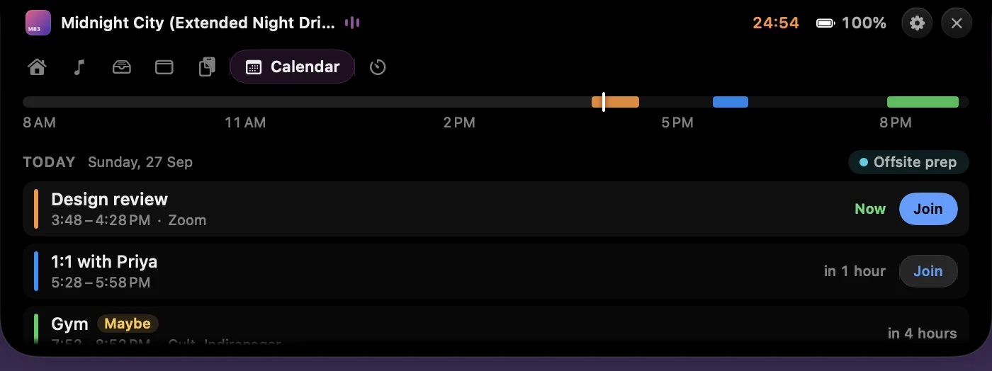 Calendar card with a day timeline, three events and Join buttons