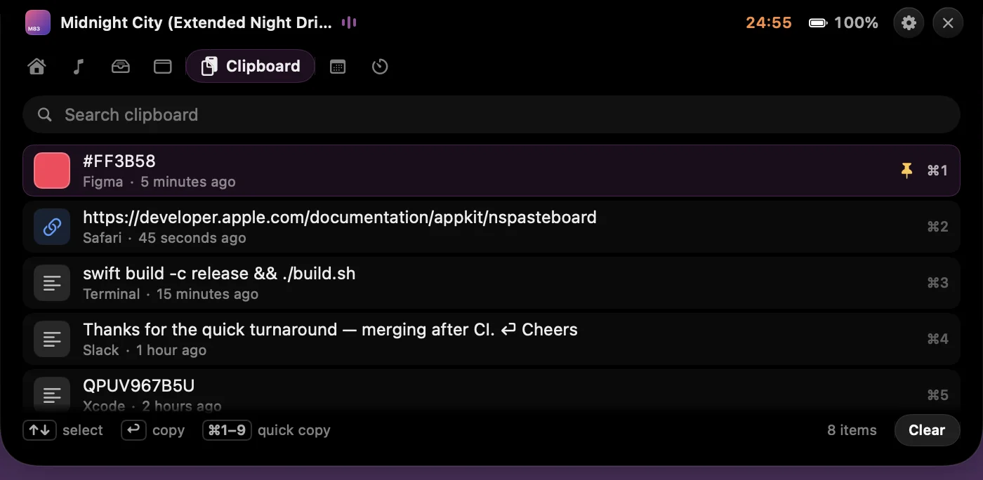 Clipboard history listing a colour, a URL, a shell command and a message