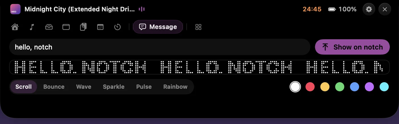 Message tool previewing HELLO, NOTCH in dot-matrix letters
