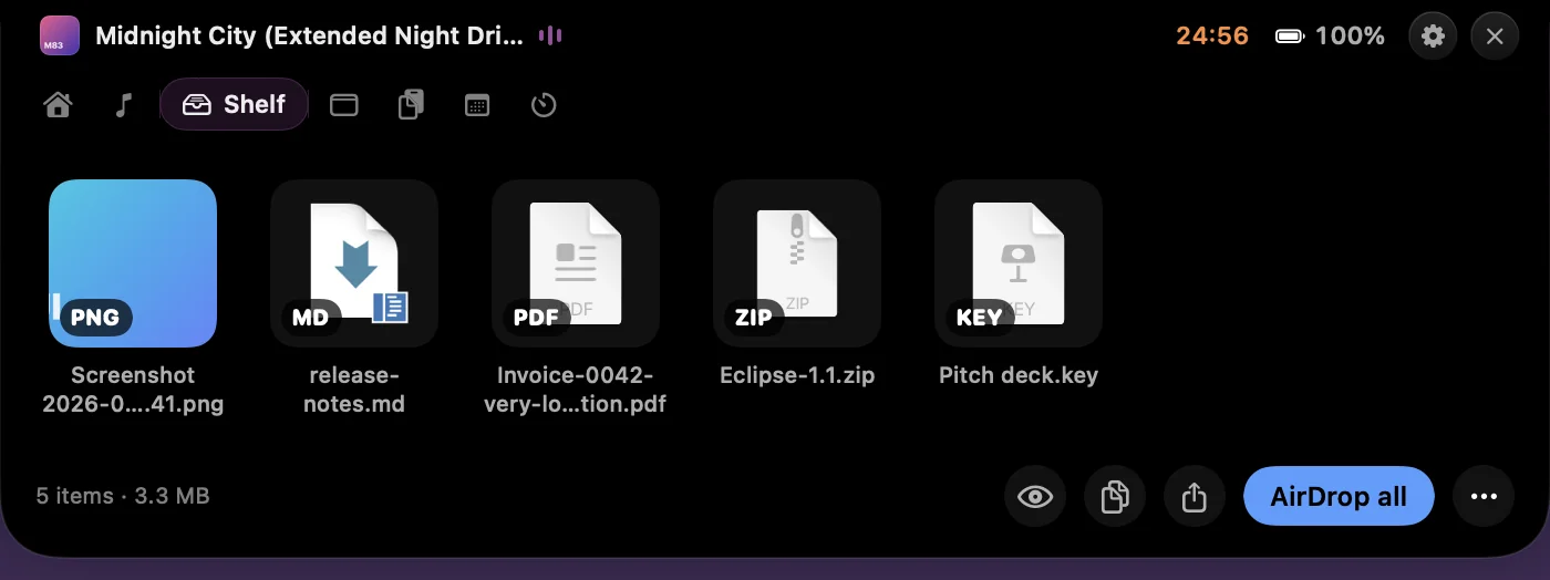 Eclipse shelf holding a screenshot, a Markdown file, a PDF, a zip and a Keynote file, with Quick Look, copy, share and AirDrop all buttons
