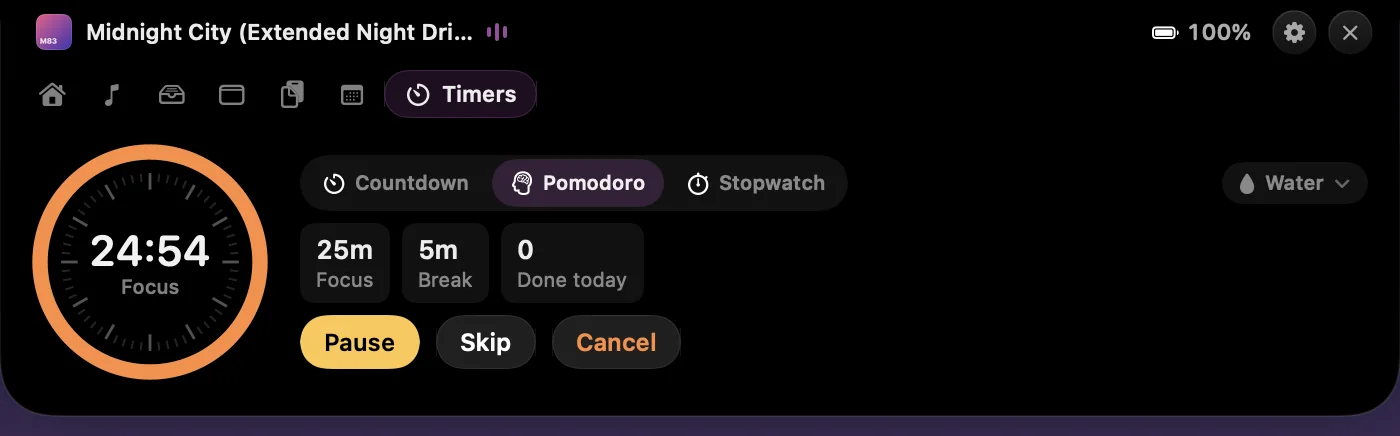 Pomodoro timer dial at 24:54 in focus mode with Pause, Skip and Cancel